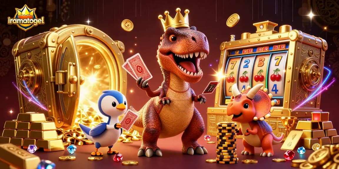 Gambarlah iramatogel saat T-Rex lucu berusaha mengocok kartu di kasino secara bersamaan.