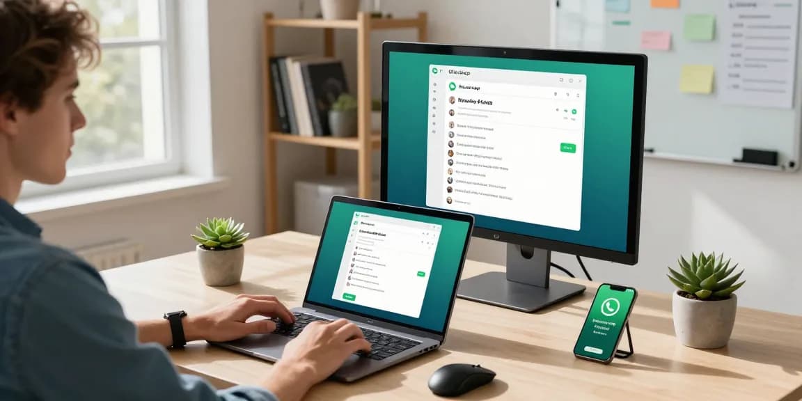 Using WhatsApp電腦版 on a modern laptop in a stylish workspace filled with tech tools and natural light.