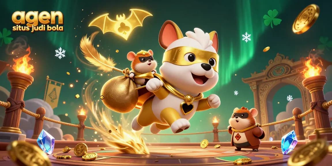 Bet on agen situs judi bola with a heroic dog and hamster in a vibrant casino scene full of action.