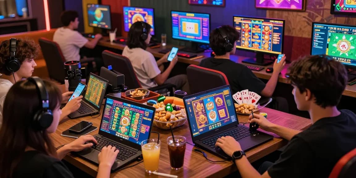 Sunwin gaming experience with friends enjoying online casino games in a vibrant space.