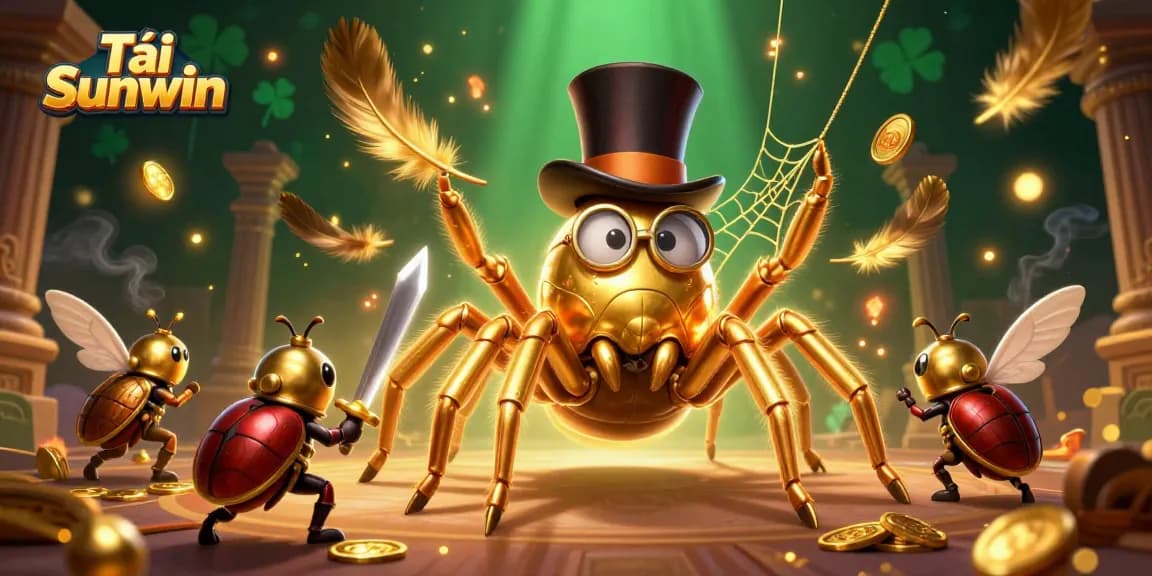 Play and win at Tải Sunwin with a dynamic 3D scene showcasing a golden tarantula and betting tokens.