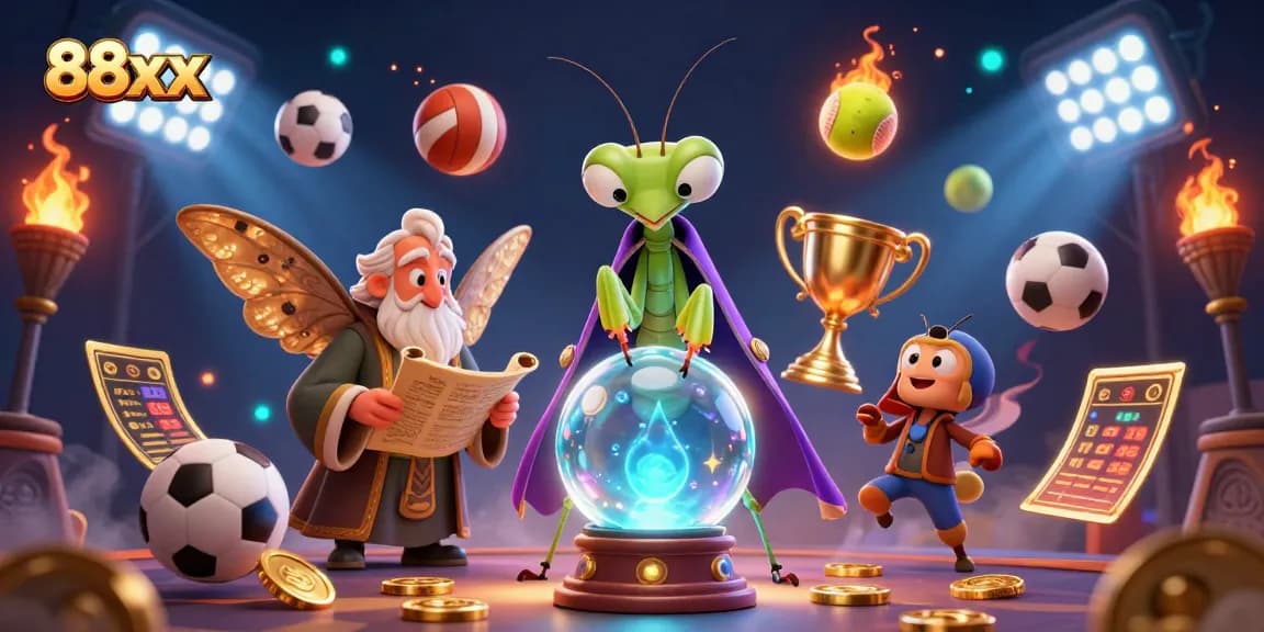 Experience thrilling betting and winning moments with 88xx and dynamic sports elements surrounding magical characters.