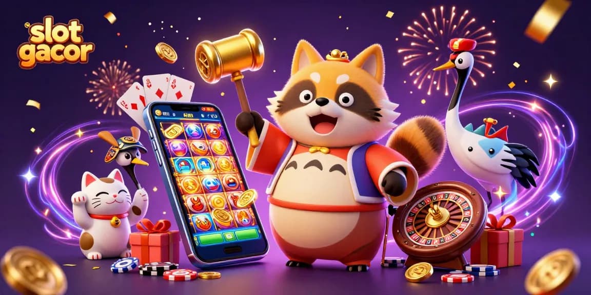 Engaging scene showcasing slot gacor with joyful tanuki, vibrant slot game elements, and festive energy.