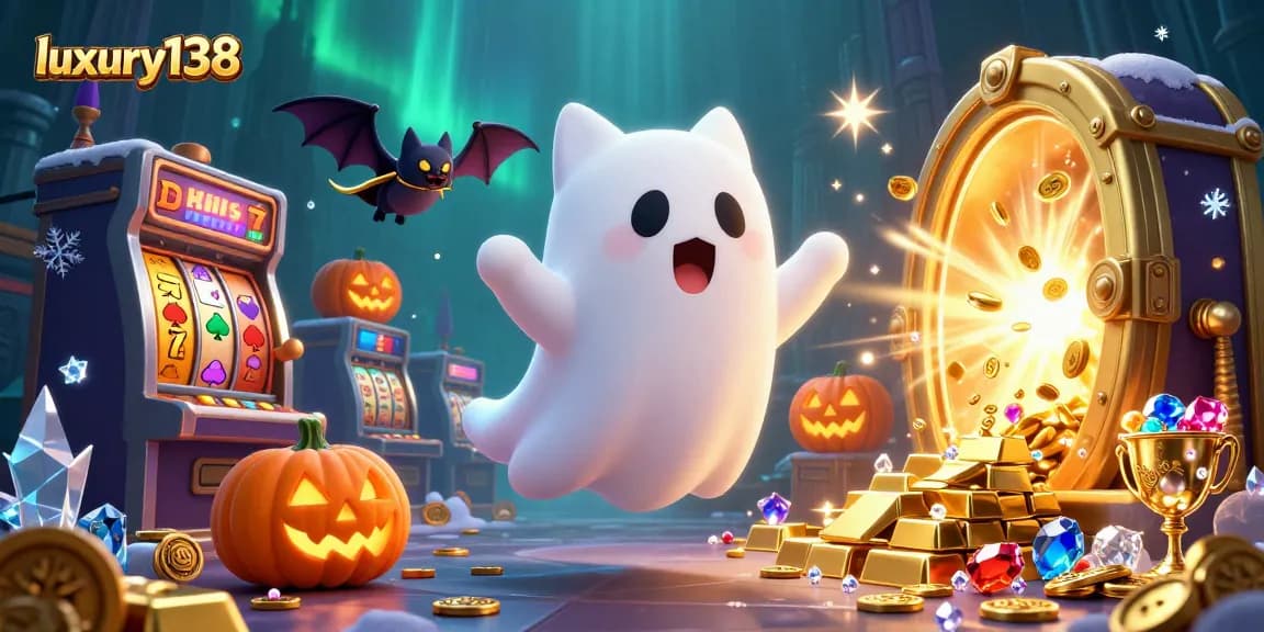Engage with luxury138 slots, featuring vibrant characters in a haunted casino scene filled with jackpots and treasures.