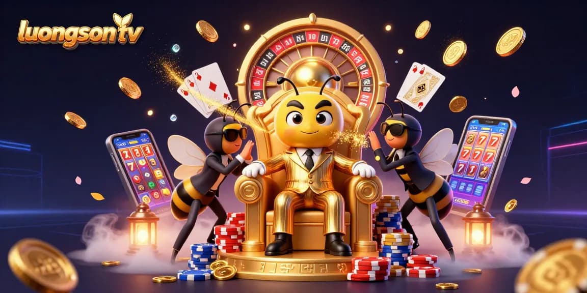 Experience thrilling games with luongson tv featuring a vibrant cartoon scene of a gambling bumblebee mob boss.
