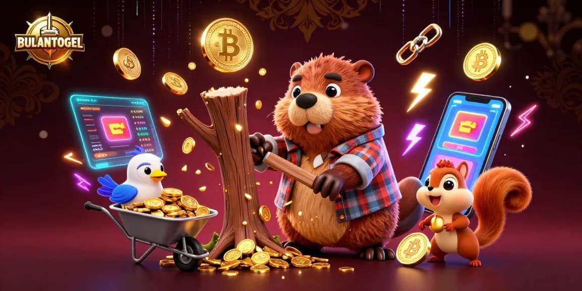 BULANTOGEL showcases a vibrant scene with a beaver, bird, and squirrel amidst glowing cryptocurrencies in a dynamic casino environment.