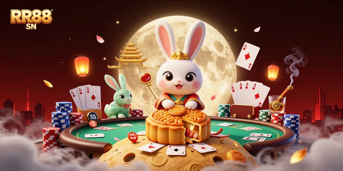 Experience the thrill of RR88 SN with a vibrant 3D illustration of a moon rabbit revealing poker chips.