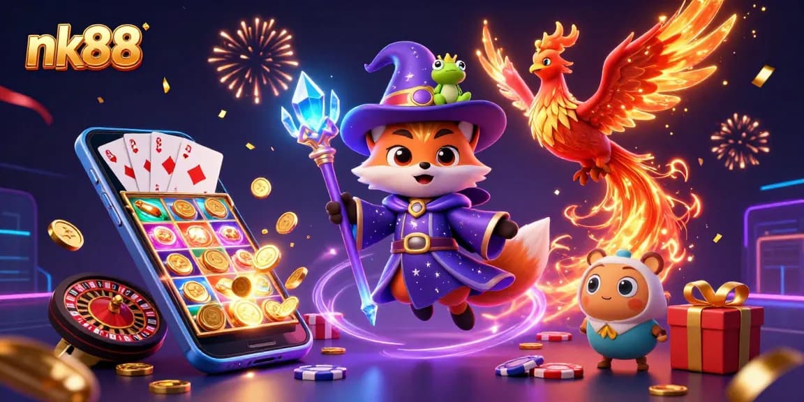 Experience thrilling gaming at nk88 with a whimsical 3D casino scene full of magical elements.