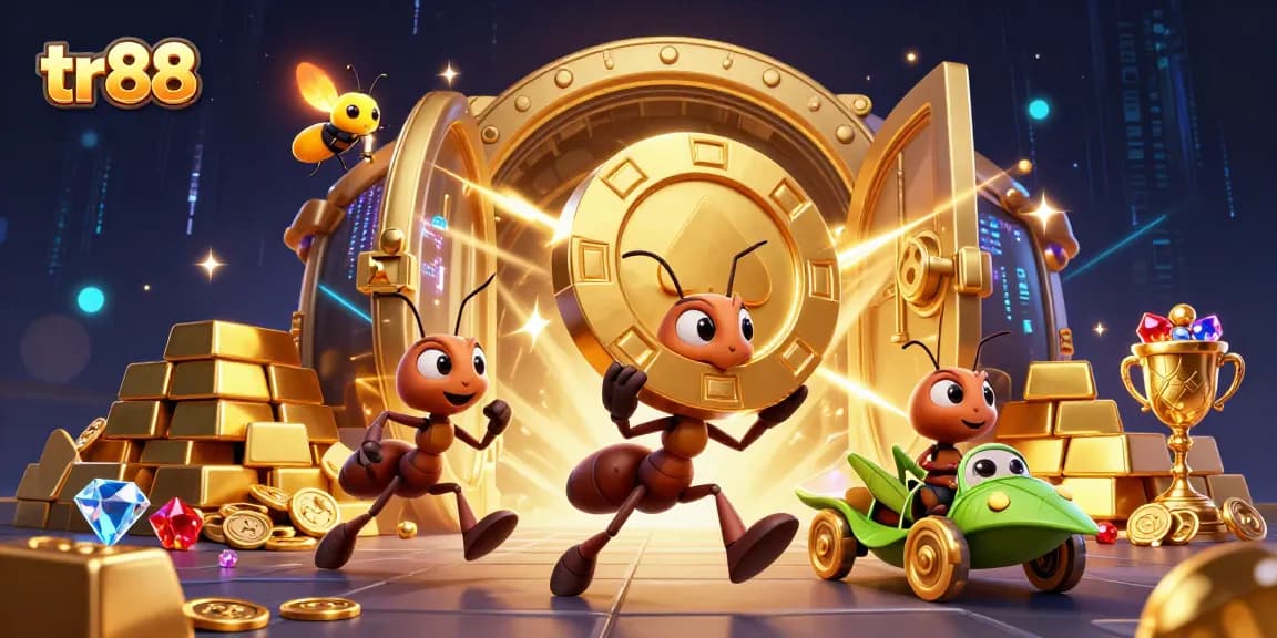 Join the thrilling heist at tr88 as ants escape with a giant golden poker chip in a vibrant casino adventure.