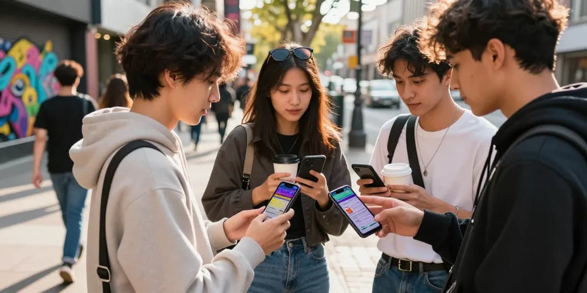 Young friends discussing situs togel strategies in vibrant urban setting, showcasing mobile devices and street style.