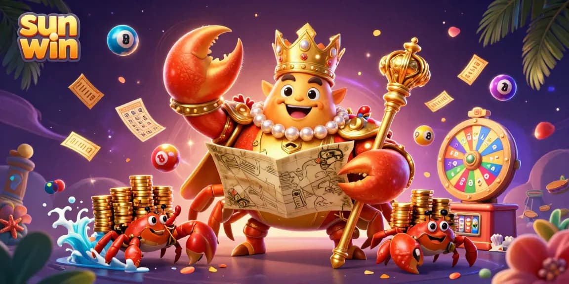 Engage with sun win's vibrant fantasy casino scene featuring a golden crab emperor and prize elements.