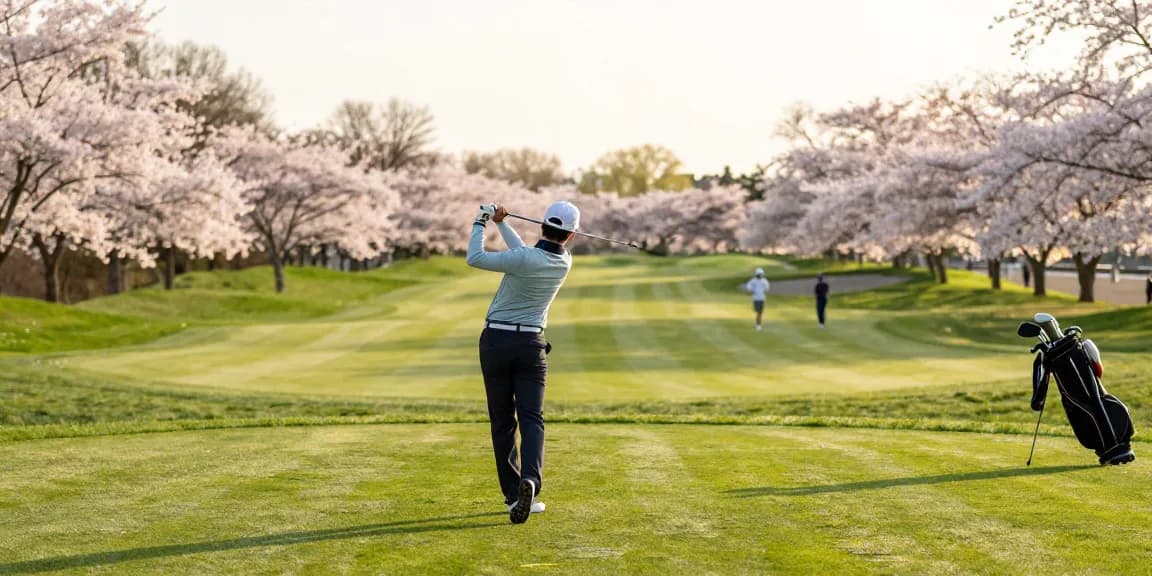 Pemain golf beraksi di lapangan golf Kato City, menikmati pengalaman bro178 di bawah pohon sakura berbunga.