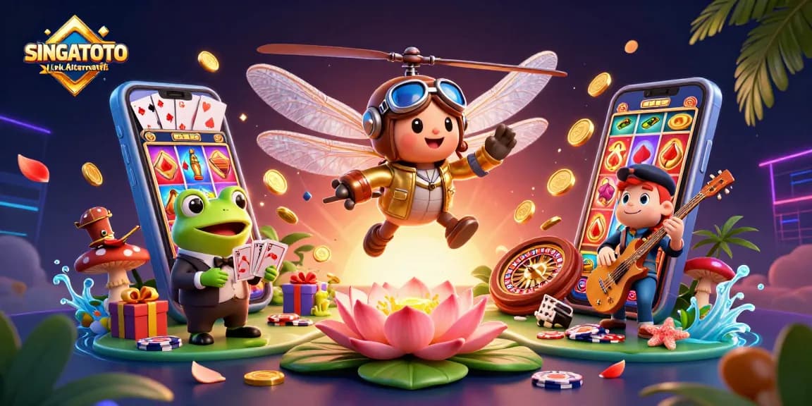 SINGATOTO Link Alternatif menang di kasino dengan karakter menarik, dealer kartu, dan permainan slot.