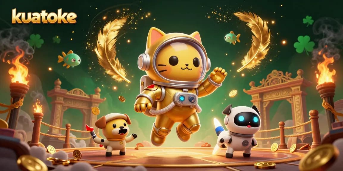 Kuatoke features a 3D astronaut cat and robot dog gambling among cosmic gold coins.