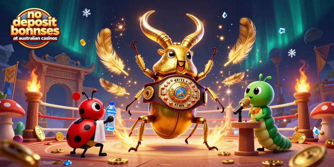No deposit bonuses at Australian casinos featured in a vibrant 3D illustration of a golden stag beetle champion.