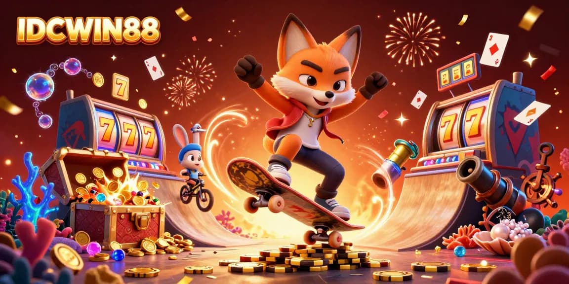Experience excitement at IDCWIN88 with a skateboarder fox and BMX rabbit amidst casino symbols and slot elements.