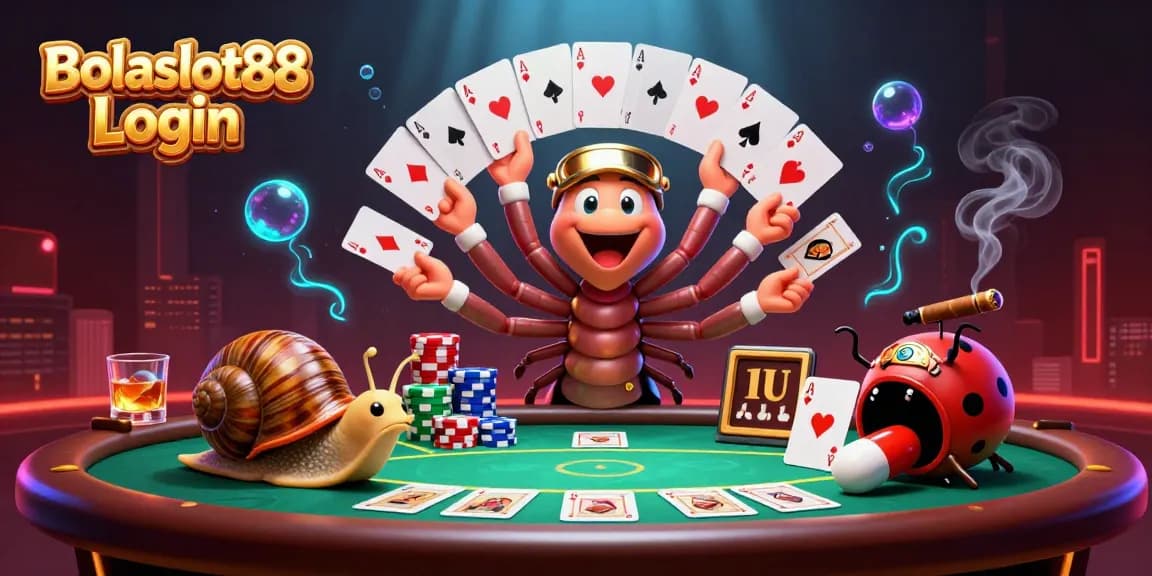 Bolaslot88 Login showcases a vibrant scene with a cartoon millipede dealer and high-roller characters playing poker.