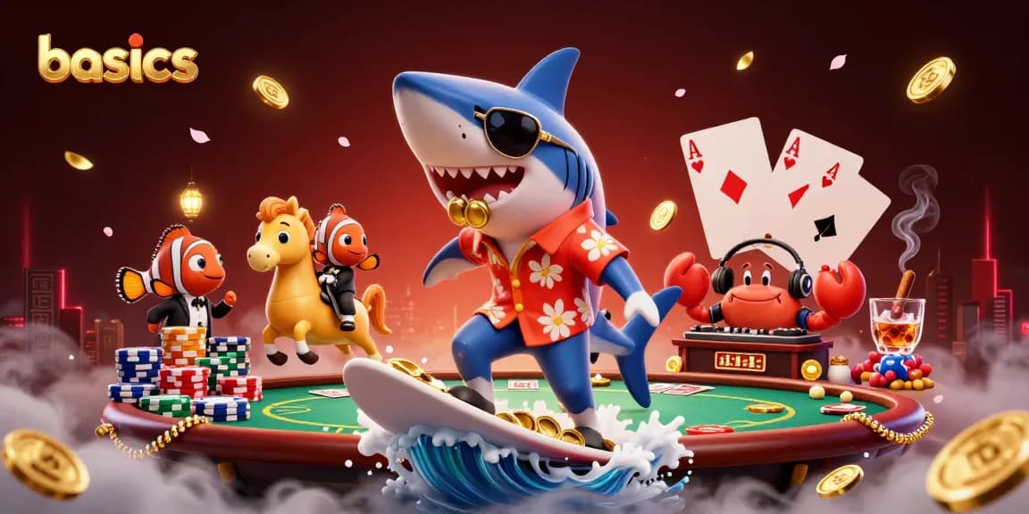 Experience the basics of casino gaming with vibrant characters riding waves of gold coins and poker elements.