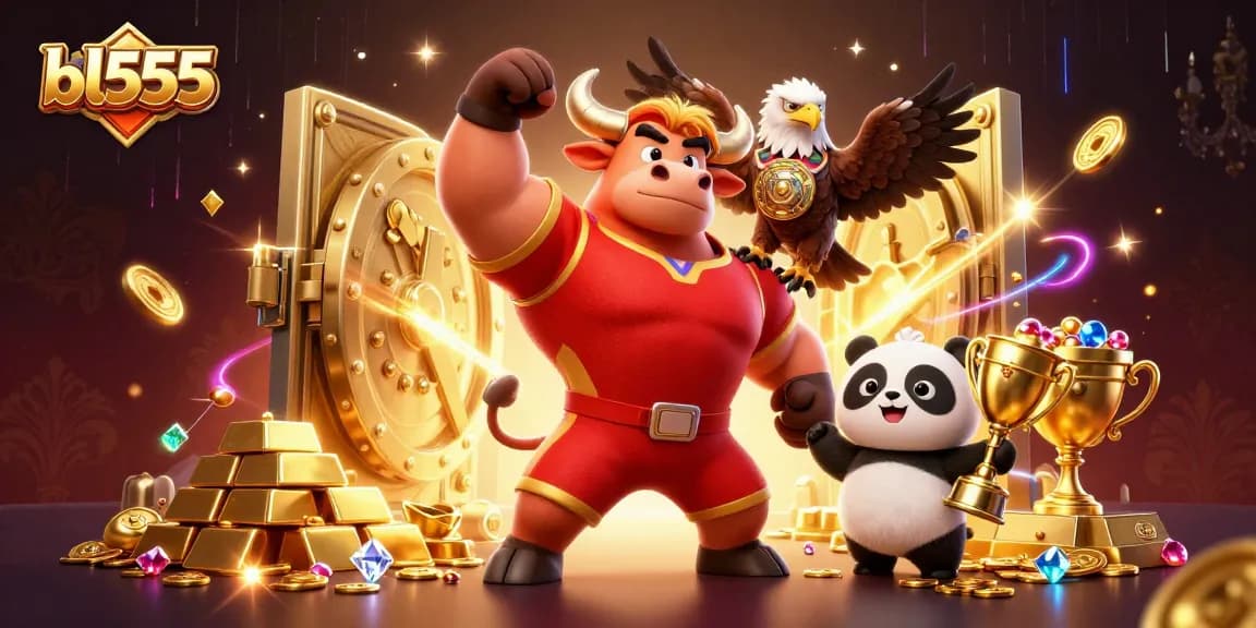 Experience thrilling wins at bl555 with a cartoon bull, eagle, and panda, celebrating casino jackpots.