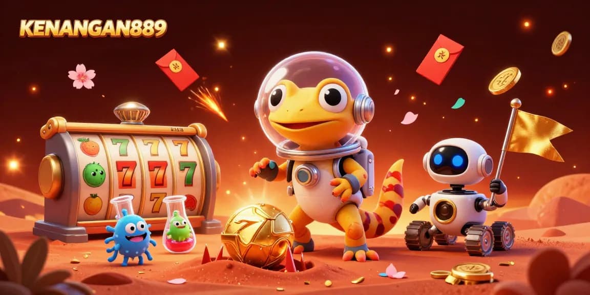 KENANGAN889 showcases an exciting slot experience with a Martian gecko discovering a golden casino.