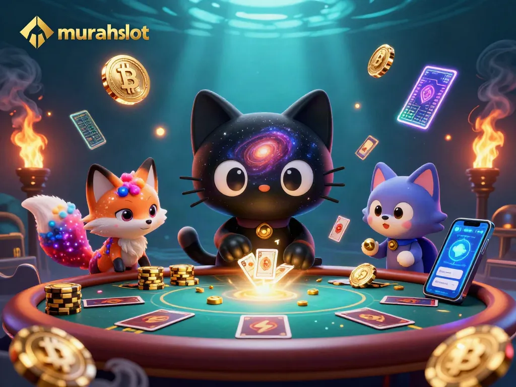 Engage with murahslot's vibrant cosmic casino featuring a black hole cat attracting golden chips and cards.