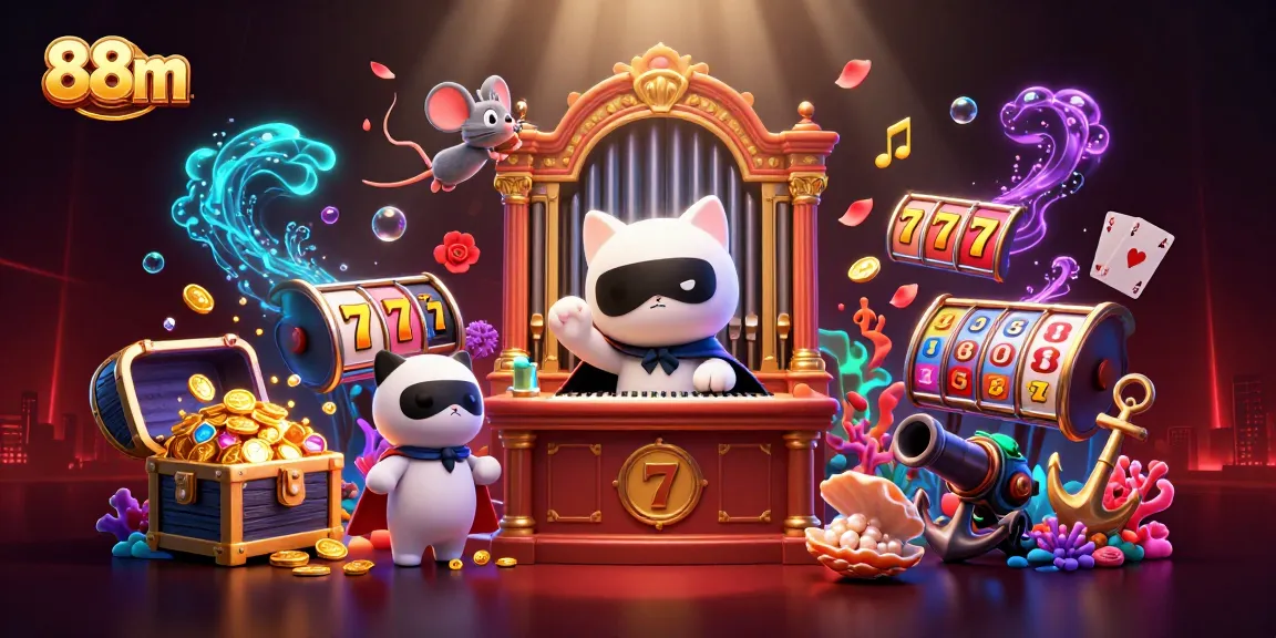 Engage in exciting casino adventures with 88m's vibrant slots-themed 3D illustration