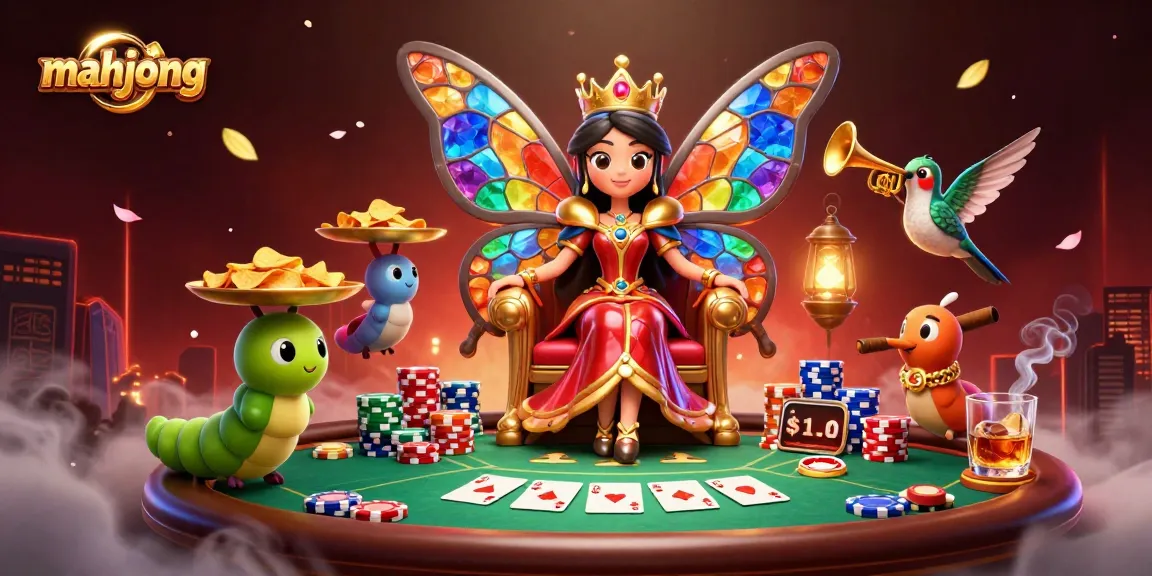 Play Mahjong with a vibrant, whimsical scene featuring a butterfly queen and poker elements.
