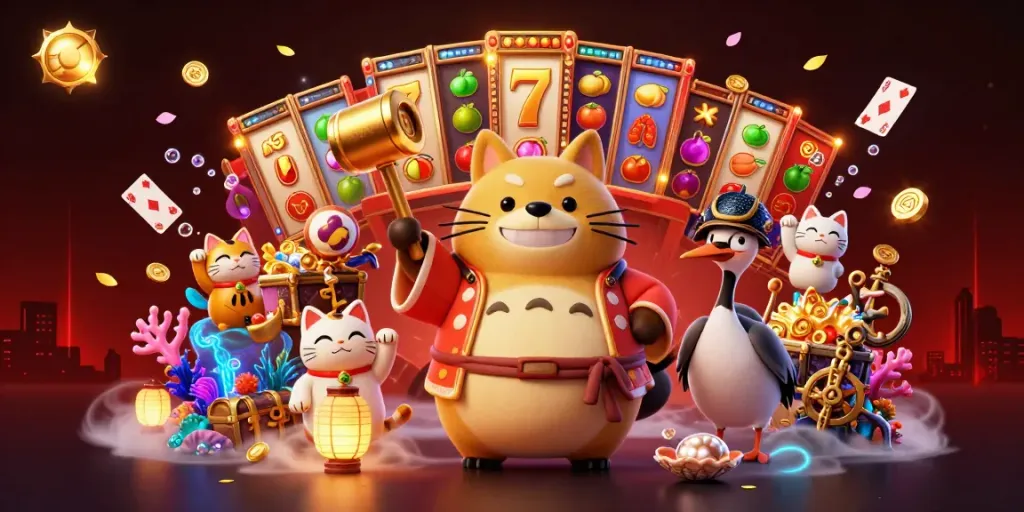 Experience the dynamic gaming atmosphere with sun-themed slots, cheerful tanuki, and thriving casino elements.
