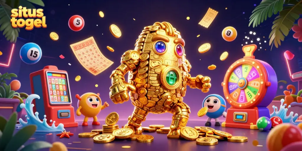 Engaging 3D illustration of a situs togel platform with a golden golem and numbered lottery elements.