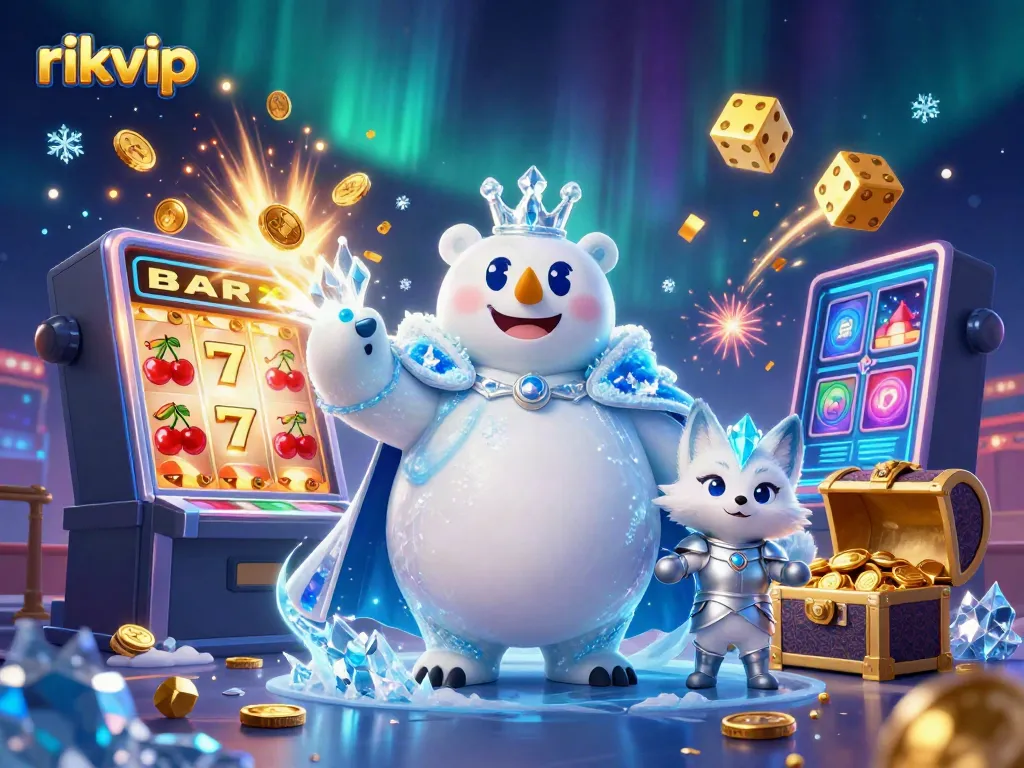 Experience the excitement of rikvip with a dynamic scene of a polar bear king and fox amidst casino treasures.