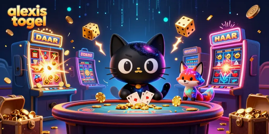 Permainan togel dengan karakter lucu dan elemen kasino mewah di latar belakang, alexis togel menyajikan keseruan bermain.
