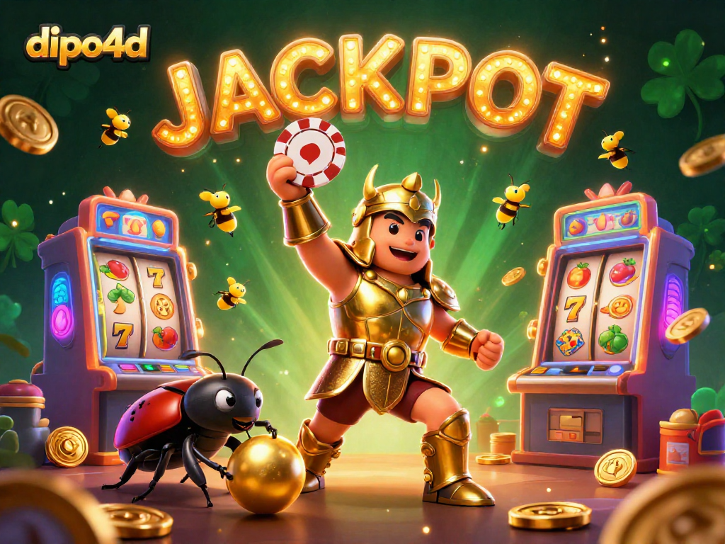 Engage with dipo4d's vibrant scene showcasing a beetle championing casino slots, exemplifying jackpot excitement.