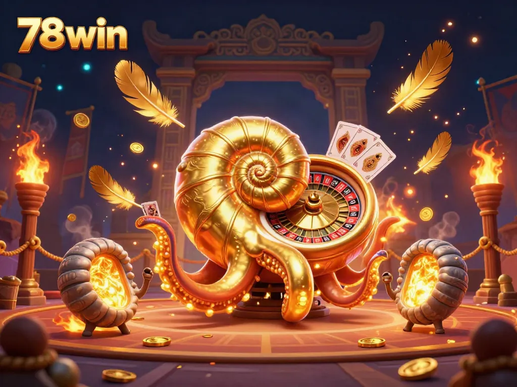 Experience the excitement of 78 win with our 3D casino scene featuring a nautilus roulette wheel and glowing cards.