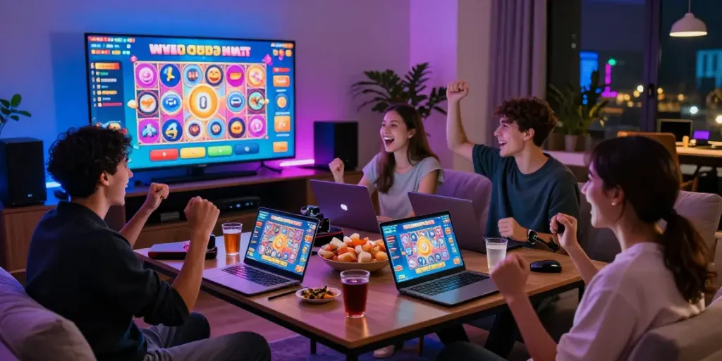 Engaging group playing jebolwd togel online in a modern room filled with excitement.