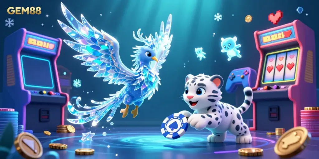 Experience the excitement of GEM88 casino with vibrant gaming elements and a lively ice phoenix scene.