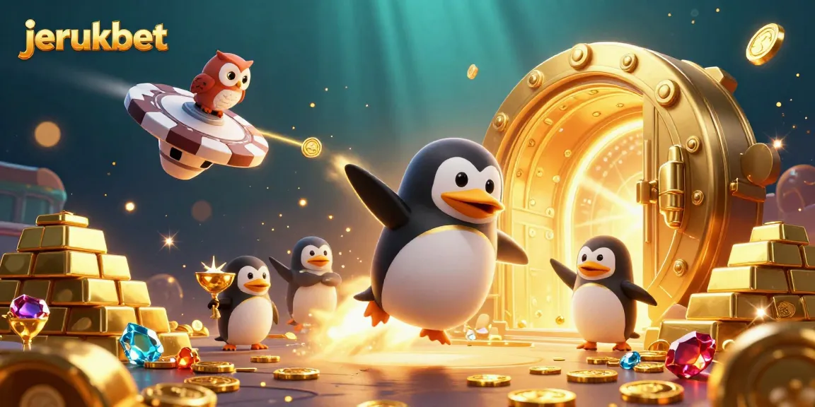 Menangkan jackpot di jerukbet dengan penguin emas yang menerobos ruang angkasa penuh dengan harta karun dan cahaya!