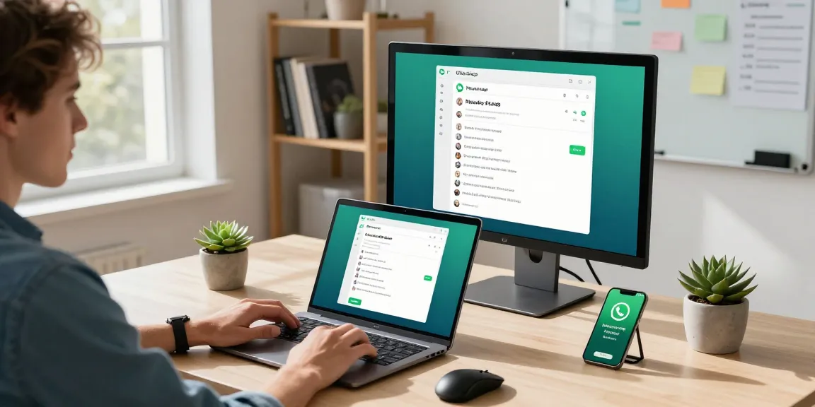 Using WhatsApp電腦版 on a modern laptop in a stylish workspace filled with tech tools and natural light.