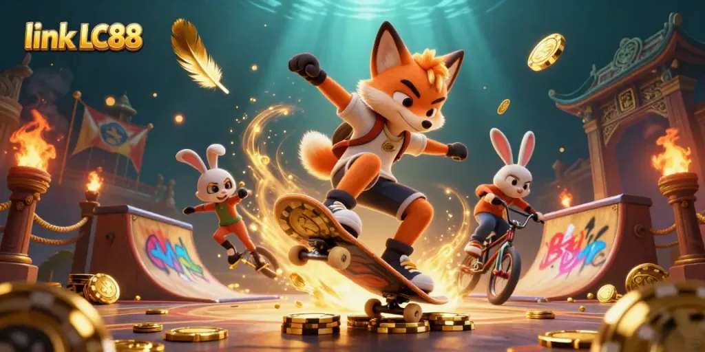 Experience the thrill with link LC88 as a fox and rabbit celebrate in a vibrant casino scene.