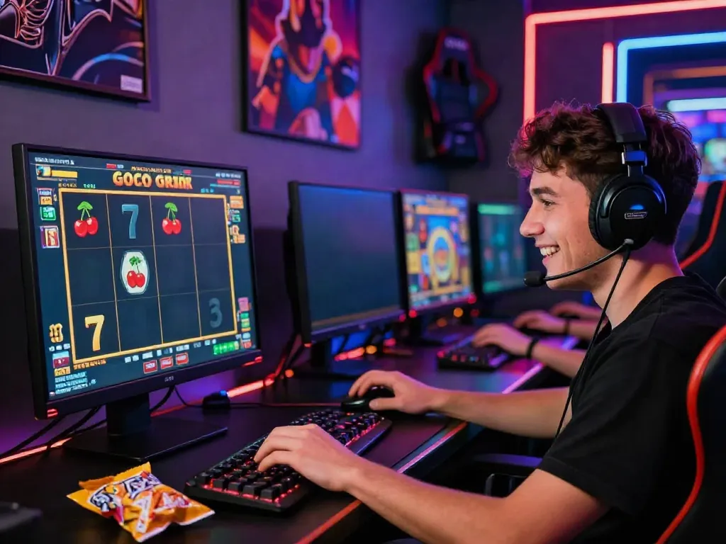 Excited player enjoying slot gacor game online with colorful screen and gaming accessories.