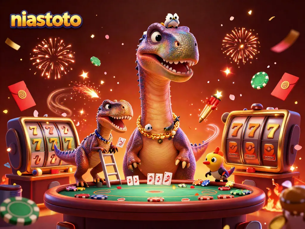 Experience niastoto's thrilling casino adventure with a towering brontosaurus overseeing a poker game.