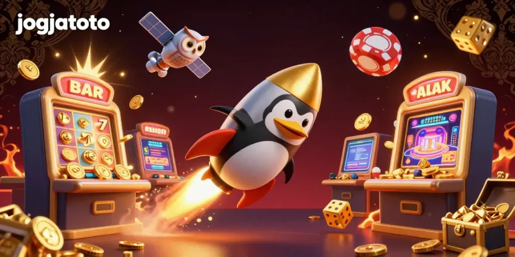 Experience thrilling gambling action with jogjatoto as a golden penguin navigates a vibrant casino world.