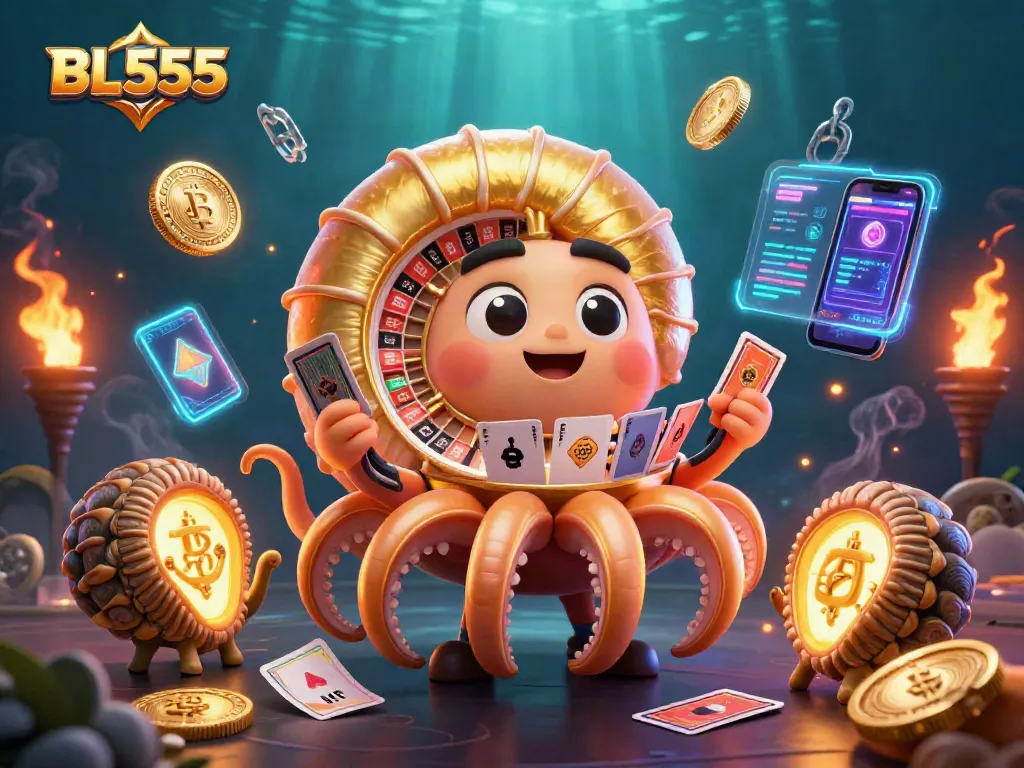 Engage with BL555, a vibrant 3D scene showcasing a nautilus roulette wheel and glowing crypto coins.