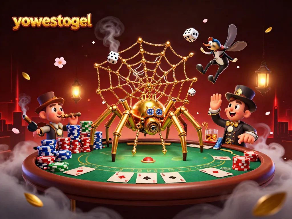 Engage with yowestogel as a golden spider captures dice in a rich, dynamic casino scene.