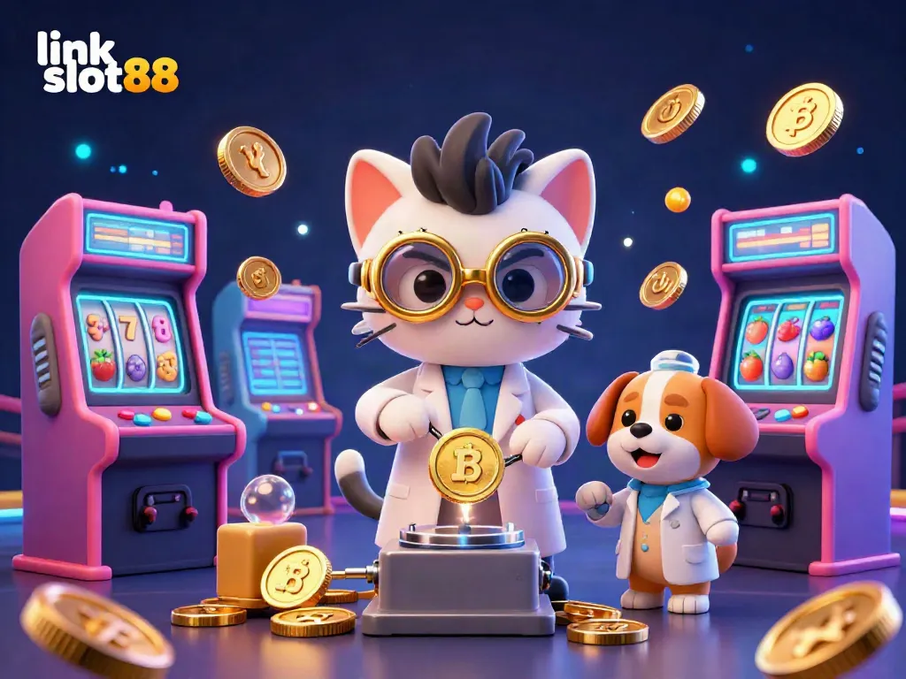 Engage in thrilling gameplay with link slot88, featuring a whimsical scientist cat and a dog assistant amidst vibrant casino elements.