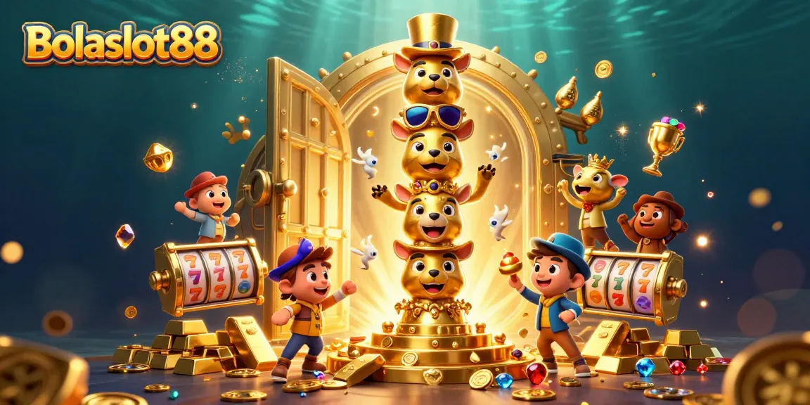 Bolaslot88 showcases a vibrant casino scene with golden treasures and spinning slot reels.