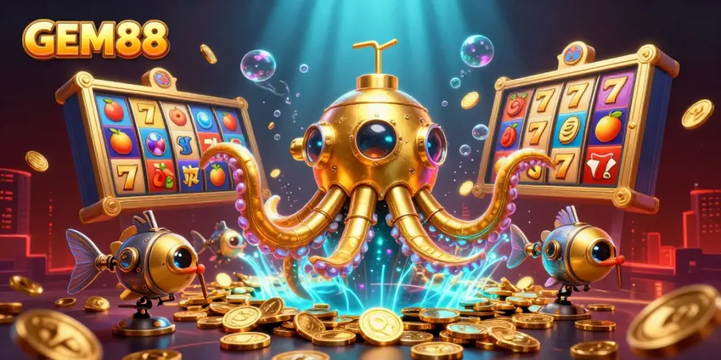Experience GEM88's thrilling underwater casino adventure with golden kraken and jackpot elements.