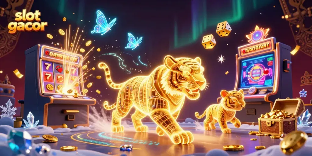 Experience the thrill of slot gacor with neon-lit golden tiger amidst a vibrant digital casino landscape.