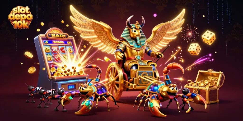 Spin into adventure with slot depo 10k as the colossal scarab beetle leads an exciting casino scene.