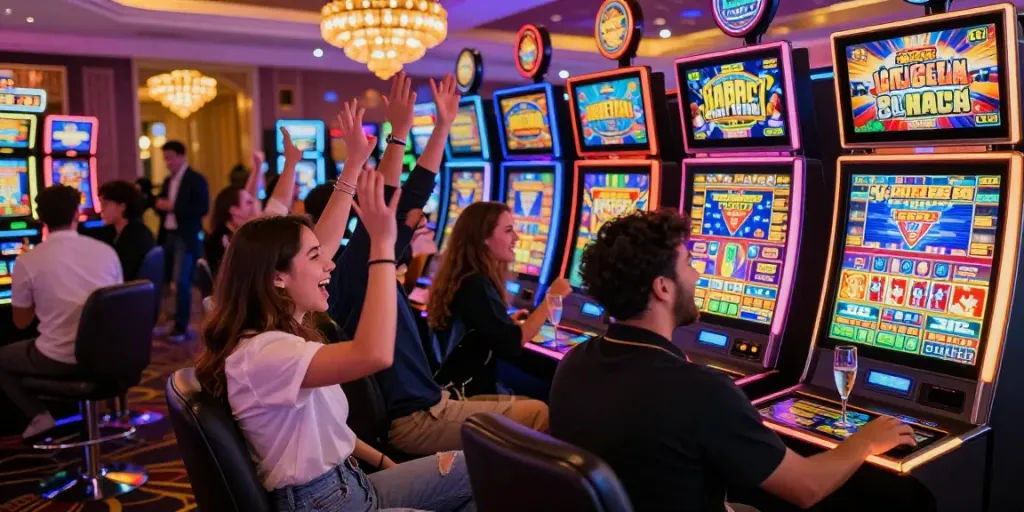 Friends celebrating a big win at slot gacor machines in a vibrant casino atmosphere