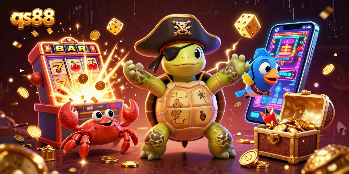 Engage with qs88 as a vibrant underwater scene featuring a cartoon pirate turtle, crab, and parrotfish amidst casino treasures.